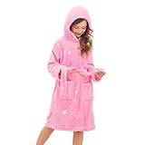 Piefry Weicher Bademantel mit Kapuze für Mädchen Fleece Morgenmantel Nachtwäsche Kinder (Rosensterne, 5-6 Jahre)