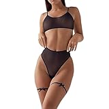 NewBull Sexy Unterwäsche Set für Damen Einfach Chiffon Transparent Dessous Outfit Kabelloser Hosenträger BH und Hoher Taille Höschen mit Beinring Dreiteilig Negligee für Frauen (Schwarz, L für L/XL)