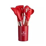 12-teiliges Küchenhelfer-Set aus Silikon, antihaftbeschichtet, bestehend Pfannenwender, Schaufel, Schneebesen und Holzgriffen(Red 12Pcs)
