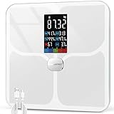 ABLEGRID Wiederaufladbar Körperfettwaage, LED Personenwaage Digital Mit Körperfett Und Muskelmasse Körperfettanalyse, 16 Messungen Der Körperzusammensetzung BMI, Herzfrequenz, 180kg, Weiß