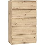 FORTE Chelsea Kommode 70 80, Hohe Kommode mit 5 Schubladen, Modernes Sideboard, Holzwerkstoff, Artisan Eiche Holzdekor, 77,2 cm breit x 128,1 cm hoch x 42,2 cm tief