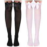 KALIONE 2 Paar Satin-Schleifenstrümpfe für Damen, Schwarze Oberschenkelstrümpfe mit Schleife, Weiße Kniestrümpfe für Frauen und Mädchen, Lange Overknee-Strümpfe