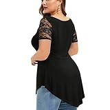 Bauchfrei Oberteile Damen Hemdbluse Damen Geblümt Bluse Mädchen Spitze Asymmetrisches Top Trainieren Rundhals Kurzärmlige Blumen Taillier Blusen Damen Sommer Klassische Durchsichtige Lauschig Schwarz