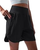 BebreezChic Sporthose Kurz Damen Sommer High Waist Women Sport Shorts 2 in 1 mit Tasche, Schwarz, M