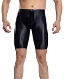 Glänzende Kompressionsshorts für Herren, ölglänzend, einfarbig, durchsichtig, schmale Passform, Yoga-Strumpfhosen, Shorts, Leggings, Tasche, Ausbuchtung, verbesserter Slip, Clubwear, Schwarz, Größe L
