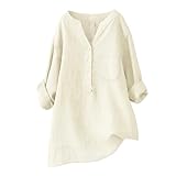 The Deal,Leinenbluse Damen Sommer Langarm Vintage Elegant Bluse Casual T-Shirt V-Ausschnitt Einfarbig Loose Fit Tunic Tshirt Mit Tasche Knopf Pullover Große Größen Tops,Beige,3XL