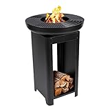 BBQ Collection 3-in-1 Feuerschale und Teppanyaki Grillrost - Feuerkorb - Plancha Grillplatte - 61 x 61 x 90 cm - Inkl. Lagerraum für Brennholz - Rostfreier Stahl - Schwarz