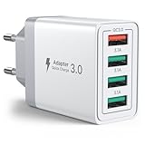 USB Ladegerät, 4-Port 33W Schnellladegerät, USBA Netzteil mit QC 3.0 Mehrfach USB Stecker Power Adapter für iPhone 16 15 14 13 12 11 Pro Max, Samsung, Huawei, Xiaomi, Handys Fast Charger Ladeadapter
