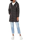 Tommy Hilfiger Damen Mittellange Pufferjacke – Daunenjacke mit Kapuze und Kordelzug-Verpackungsbeutel Daunenmantel, Schwarz, XL