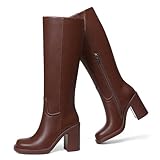 CYNLLIO Kniehohe Stiefel für Damen, Plateau, Gogo-Stiefel, Oberschenkelhoch, breite Wade, Botas mit 9 cm dickem Absatz, quadratischer Zehenbereich, seitlicher Reißverschluss, Braun, 39.5 EU