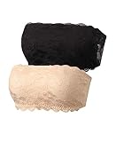 Jiuday Spitze BH ohne Träger Bandeau BH Trägerlos Gepolstert Trägerloser BH ohne Bügel mit Transparenten Trägern (Schwarz+beige,M)