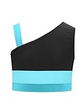 TiaoBug Mädchen Sport BH EIN-Schulter Yoga Bra Tanz Ballett Unterwäsche Farbblock Bustier Top Fitness Joggings Laufen Oberteil mit Streifen Schwarz Blau Grün 158-164