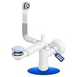 LAXARA Teleskop Siphon für Waschbecken – 1 1/4' Raumsparsiphon Waschtisch aus weißem Kunststoff - Siphon Waschbecken - Horizontal und Vertikal Verstellbar | (Mit Pop Up Ablaufgarnitur + Überlauf)