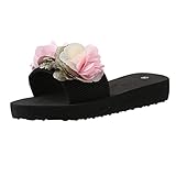 Luckywaqng Sommer Schlappen Mit Stoffblumen Schuh-Verzierungen Sandalen Slide Weiche Fußbett Hausschuhe Rutschfest Peeptoe Flache Saunaschuhe Leicht Mode Bequeme Strand Strandsandaletten