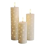 BAIRAYEN Flammenlose LED-Kerzen, flackernde Glasfaserkerzen, 3 Stück, warme, batteriebetriebene künstliche Kerzen mit Timer, 5,1 cm Durchmesser, 12,9 cm Höhe, für Hochzeit, Tafelaufsatz, Weihnachten