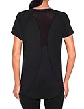 Wayleb Sportshirt Damen Kurzarm V-Ausschnitt Fitness T-Shirt Oberteile Einfarbig Laufshirt Back Mesh Leichtes Atmungsaktiv Shortsleeve Gym Yoga Top, Schwarz XL