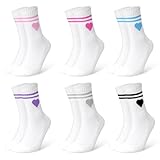 HAGOT 6 Paar Damen Tennis Socken, Tennissocken Damen, Frottee Sohle Atmungsaktiv Baumwollsocken, mit Streifen Herz Weiß Tennis Socken