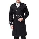 AOWOFS Herren Zweireihiger Trenchcoat mit Gürtel Revers Lang Mantel Business Jacke Frühling Übergangsjacke （ Schwarz L