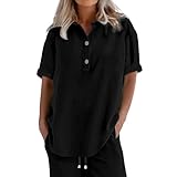 TWBFK Zweiteilige Outfits für Damen Baumwolle Leinen Trainingsanzug Sportbekleidung mit Taschen Damen-Shorts Summer Loungewear-Sets für Frauen Minimalist Musselinbluse