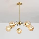 TaleTre Sputnik Kronleuchter aus Messing mit Lampenschirm aus Cognac-Glas, dekorative Hängeleuchte für Wohnzimmer, Schlafzimmer, Esszimmer (5-Light)