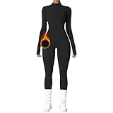 OEAK Damen Sport Jumpsuit Lang Eng Yoga Overall Langarm Rollkragen Playsuits mit Rei?verschluss Nahtloser Fleece gefüttert Bodysuit Einteiler Romper(Schwarz，M)