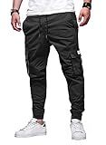 Elegancity Schwarze Jogginghose Herren Cargohose Einfarbig Hose Männer Causal Sporthose Elastische Freizeithose mit 6 Tasche L