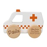 Personalisiertes Baby-Geschenk Geburtsgeschenk Geschenke zur Geburt mit Name Geburtsdatum Lasergravur Junge Mädchen | Tryco | Kinder Spielzeug Holzauto Lasergravur Krankenwagen