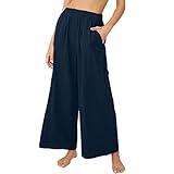 NKPUYT Culottes Hosen Damen Sommer Leinenhose Leicht und Luftig Strandhose 7/8 Sommerhose Elegant Loungehose Loose Fit Relaxhose Bequem Hausehose Atmungsaktiv Weites Bein Hose Casual (0228-A-Blue, M)