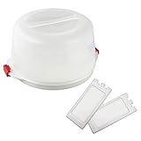 Dr. Oetker Kuchentransportbox Ø 38 x 19 cm Bake & GO, für alle gängigen Kuchengrößen, Tortenbutler mit Tragehenkel und Fach für Kühlakkus, inklusive Akkus (Farbe: Transparent/Rot), Menge: 1x 3er Set