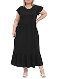 Moon Wood 2025 Damen Sommerkleid Lang Freizeit Maxikleid Strandkleid mit Rüschen Kurzarm und Taschen Große Größen,Schwarz 4XL