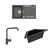 SCHOCK® Küchenspüle Formhaus D-100 Asphalt 86x50 cm - CRISTALITE® Grau | Küchenarmatur FONOS Asphalt – Hochdruck Armatur mit Festauslauf | Eckschale in schwarz I Spülbecken Zubehör aus Kunststoff