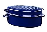 Riess, 0160-012, Gänsebräter oval mit Deckel, CLASSIC - SPEZIALARTIKEL, Durchmesser (lange Seite) 38 cm, Höhe 17,5 cm, Inhalt 6,50 Liter, Emaille, außen blau, innen schwarz, Induktion