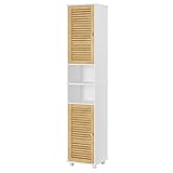 FORABAMB Badezimmer Hochschrank, Badzimmerschrank mit 2 offenen Fächern und verstellbaren Ablagen, Badschrank mit 2 Bambustüren, Badmöbel, für Wohnzimmer, Küche und Bad, 32 x 30 x 190 cm