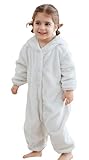 Maeau Strampler mit Kapuze Baby Mädchen Winter 2 3 Jahre Spielanzug für Baby Jungen Jumpsuit Flanell Tier Overall Kleinkind Romper Pyjama Warm Schlafstrampler Weiß Schlafanzug Lange Ärmel Bären