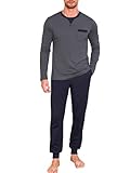 Winovia Herren Schlafanzug lang Sleepwear Pyjama Set Baumwolle Zweiteiliger Nightwear Set Nachtwäsche Langarm Hausanzug mit Rundhals Design, Langarm Shirt & Schlafanzughose Dunkelblau-grau L