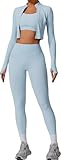 3-teiliges Damen-Workout-Set, Sport-BH, bauchfreies Top, Jacke mit Daumenlöchern, Bauchkontrolle, Leggings mit hoher Taille, Hell, blau, X-Large