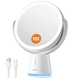 Auxmir Wiederaufladbar Kosmetikspiegel mit Beleuchtung, 1X/ 10X Doppelseitiger Tischspiegel, 2500mAh und 5 Dimmbar Helligkeit, Schminkspiegel mit 52 natürlichen LED Licht für Schlafzimmer Schminktisch