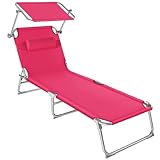tectake® Sonnenliege mit Dach, Strandliege klappbar, leichte Gartenliege, Outdoor Liegestuhl mit Verstellbarer Rückenlehne, inkl. Kopfkissen - ideal für Balkon, Terrasse, Camping, Strand - pink