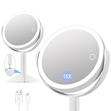15-Fache Schminkspiegel mit Beleuchtung Wiederaufladbarer Vergrößerungsspiegel mit Licht 3 Farblichter, Dimmbarer Touchscreen Kosmetikspiegel für Schlafzimmer Schminktisch,360°Rotating Tischspiegel