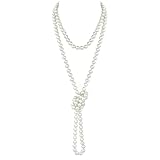 WANGENPING Vintage Lang Perlenkette 180 cm, 8 mm Oval Weiß 925 Sterling Silber Perlenkette Damen, Elegant Modische Pearl Necklace Women, Retro Fasching Kostüm Zubehör, für Party-Frauen und Mädchen