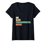 Damen Eat Sleep Programmieren Repeat Coding Tech Spruch T-Shirt mit V-Ausschnitt