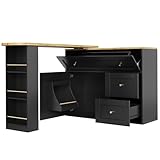 OCACA Ausziehbarer Bartisch mit Stauraum und Snackregal Kücheninsel Hochtisch Stehtisch Bistrotisch mit 360 Grad Drehplatte Küchenschrank Sideboard in Schwarz 138-204x39x105cm (Black + MDF+Metal)