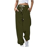 Damen Jogginghose Lang Baumwolle Yogahose Hohe Taille Waffel Hosen Casual Einfarbig Sporthose Lockere Elegant Haremshose Elastische Taille Freizeithose mit Taschen Arbeitshose Outdoor