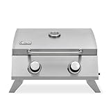tepro Tischgasgrill Chicago, 2 Brenner mit je ca. 3 kW Leistung, Piezozündung, Thermometer, Maße ca. 54 x 45,5 x 36 cm, Silber