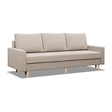 Mebligo - Sofa mit Schlaffunktion und Bettkasten Blank, 3 Sitzer Sofa 212 cm Breit, Schlafsofa, Ausziehbares Couch auf Holzfüßen, Sofa Wohnzimmer, Schlafcouch - Sofa Beige