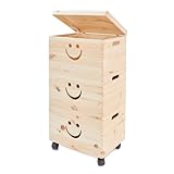 Pinus - Spielzeugkiste Holz mit Deckel 3-in-1, Spielzeug Aufbewahrung Lächeln, 39x30x74 cm, Aufbewahrungsbox Kinderzimmer auf Rädern, Spielkisten Aufbewahrung Kinder, Holztruhe Kinderzimmer