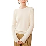 DISSA Damen Kaschmir Pullover Elfenbein Rundhals Langarm Strickpullover Damen Kaschmir Wolle Einfarbige Relaxed Dicker Pullover,EU 44,SPR2448