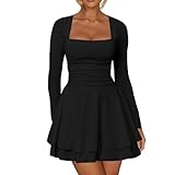 RPAEOY Kleid Damen Sexy Langarm Quadratischer Ausschnitt Minikleid Rüschen Eng Kurz Bodycon Elegant Cocktailkleid Abendkleider Partykleid (S)