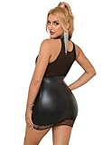 ohmydear Lederkleid Damen Kurz Große Größen Minikleid Strapsen Dessous Set Reizwäsche Sexy PU-Leder Kleid Wetlook Dessous Neckholder Partykleid Clubwear Schwarz M