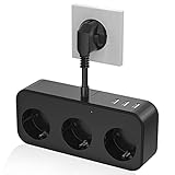 3 Fach Mehrfachsteckdose mit USB, Steckdosenleiste mit 3 USB, Mehrfachstecker für Steckdose, Steckdosenadapter 3840W/250V/16A Für Hause, Reise und Büro -Schwarz